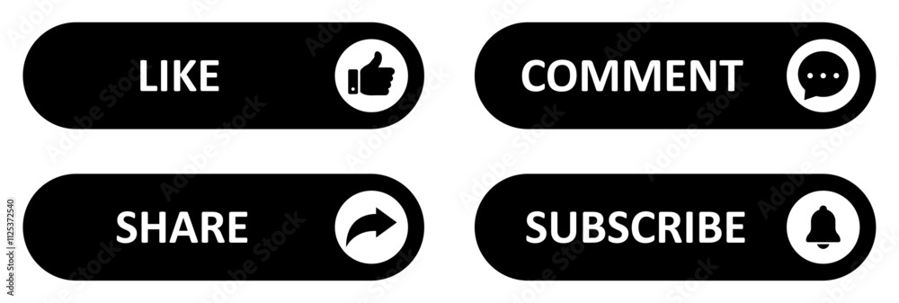 Like, Share, comment and subscribe icon button set with black color. Like, thumb up, subscribe, comment, repost and share icon buttons. Social media notification icons flat style. Vector illustration.