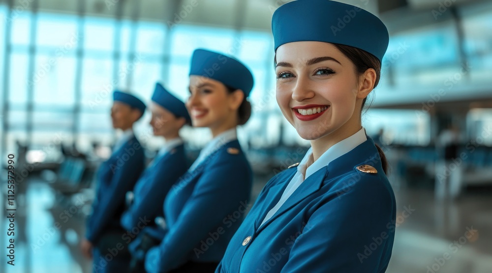 Group of cabin crew or air hostess . Airline transportation and tourism concept.