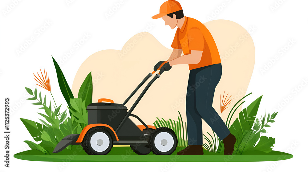 man mowing grass with a lawnmower in a colorful garden illustration
man mowing grass with a lawnmower in a colorful garden illustration