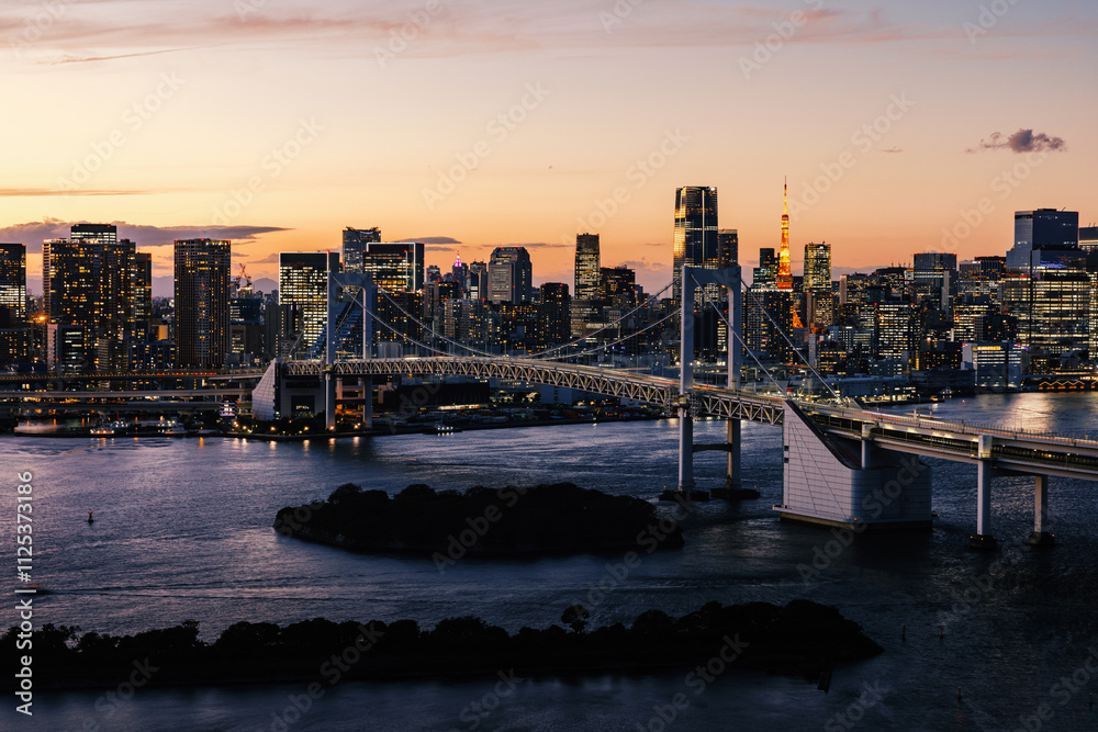 An Urban Skyline at Dusk Combining City Lights with a Serene Waterway in the Background An Urban Skyline at Dusk Combining City Lights with a Serene Waterway in the Background