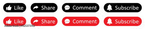 Like, Share, subscribe and comment icons buttons set with black and red color isolated. Like, thumb up, comment, repost and share icon buttons. Social media icon flat style. Vector illustration.