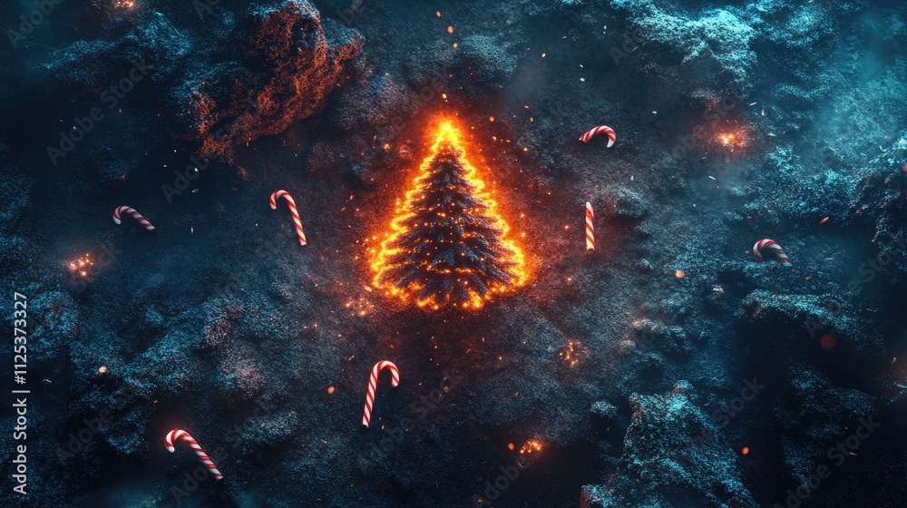 Fototapeta premium A creative Christmas loading design featuring a glowing tree icon and candy canes on a dark atmospheric backdrop.