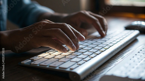 Close-up of Hands Typing on a Wireless Keyboard in Low Light