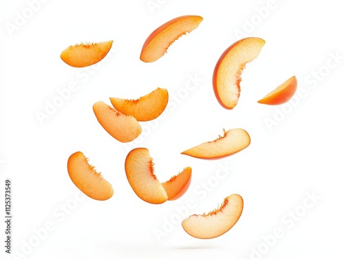 Falling identical peach slices floating in the air isolated on white background