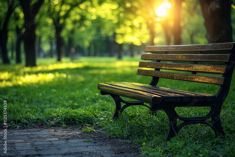 A close-up of a green wooden bench in an urban park at sunset, the bench is empty. A close-up of a green wooden bench in an urban park at sunset, the bench is empty.