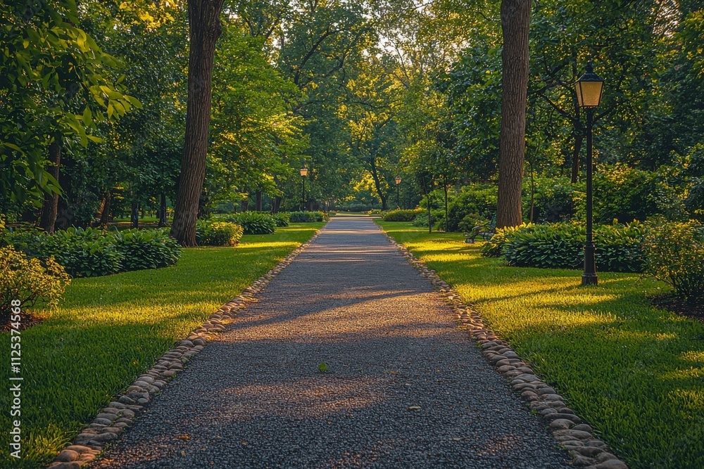 A picturesque view of the park featuring a sidewalk, with lush green trees enhancing its beauty. A picturesque view of the park featuring a sidewalk, with lush green trees enhancing its beauty.