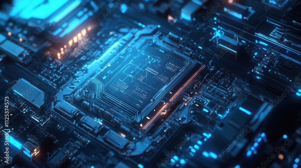 A detailed closeup view of a modern microchip mounted on a circuit board emitting a striking neon blue glow A detailed closeup view of a modern microchip mounted on a circuit board emitting a striking neon blue glow