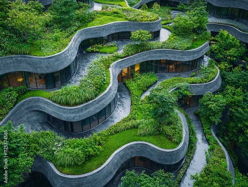 The building's roof is covered with vegetation, including trees and plants, and is integrated into a larger green space. photo