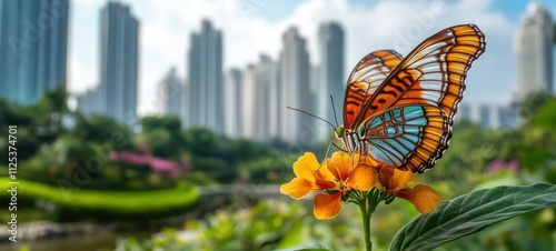 Urban Butterfly: A vibrant butterfly rests on an orange flower, with a cityscape blurred in the background, showcasing nature's beauty amidst urban development.