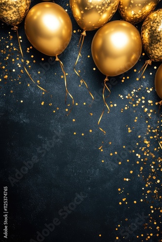 A luxurious vertical poster with golden balloons framing the sides and sparkling confetti on a dark, glossy background.