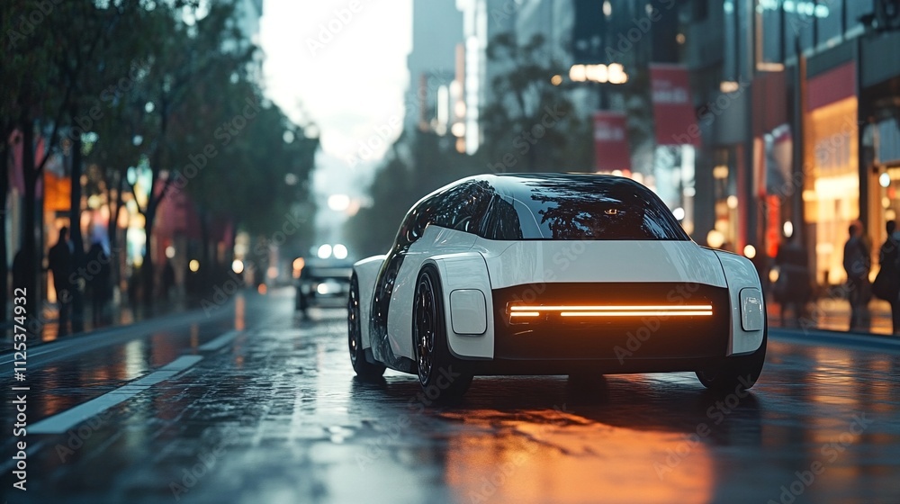 Fototapeta premium Futuristic self-driving car navigating city streets seamlessly using advanced AI algorithms.