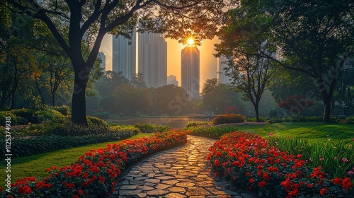 A photograph of a city park filled with green trees and lush vegetation highlights the beauty of nature within urban living, illustrating the seamless blend of natural elements.