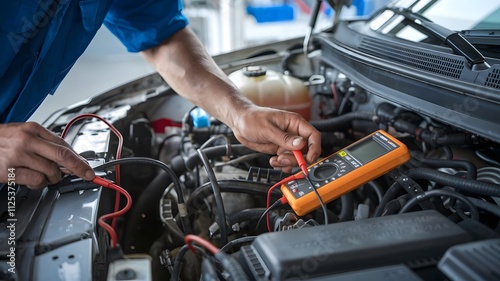 The image shows a mechanic using a multimeter to test the electrical system of a car 