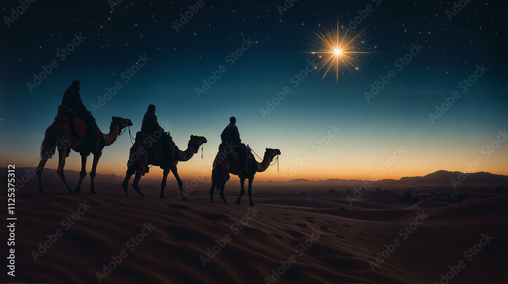 Christmas star on night sky and three wise men on camels ion the way to Shining bright bethlehem star. Epiphany concept, nativity of Jesus, Christmas concept Christmas star on night sky and three wise men on camels ion the way to Shining bright bethlehem star. Epiphany concept, nativity of Jesus, Christmas concept
