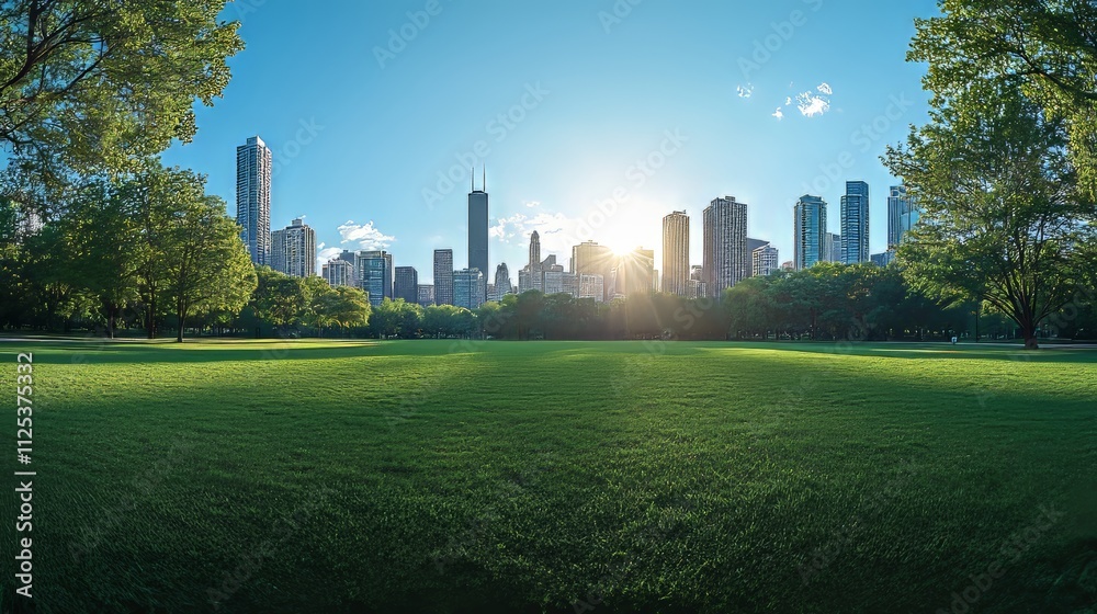 Obraz premium A city skyline featuring skyscrapers, seen from a verdant park under clear, sunny skies, representing the harmony between urban life and nature.