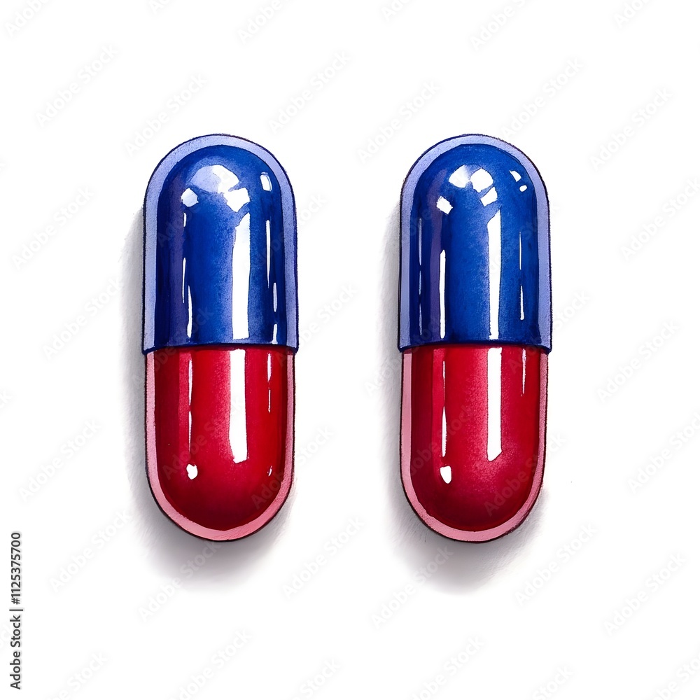 Vibrant Abstract Pill Capsules in Blue and Red Colors on a White Background, Symbolizing Health, Medicine, and Pharmacy, Essential Elements for Pharmaceutical Concepts