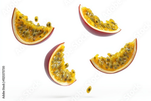 Falling identical passion fruit slices floating in the air isolated on white background