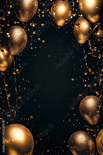 A premium party design with golden balloons and glitter framing a blank vertical space for festive text.