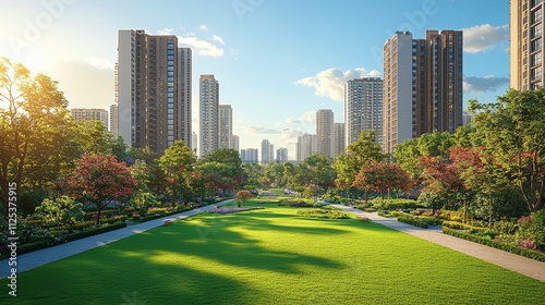 A city park featuring a pathway and a tall building in the distance.
