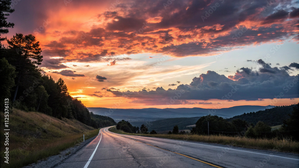 Fototapeta premium Scenic Highway Sunset Drive Vibrant Colors and Rolling Hills