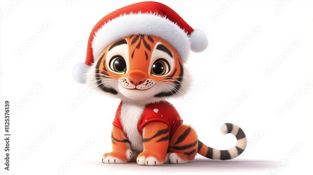Festive Cartoon Tiger in Santa Hat for Christmas Cards and Holiday Marketing Festive Cartoon Tiger in Santa Hat for Christmas Cards and Holiday Marketing