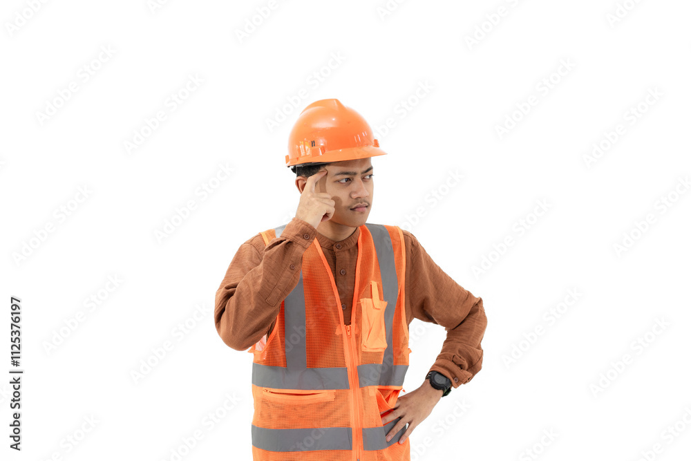 Young Indonesian male construction worker in full safety gear looking thoughtful with index finger touching forehead, industrial and construction concept, isolated on white background. Young Indonesian male construction worker in full safety gear looking thoughtful with index finger touching forehead, industrial and construction concept, isolated on white background.