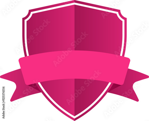 Pink shield with white border featuring a horizontal ribbon, conveying concepts of protection, security, and reliability, ideal for logos and branding photo