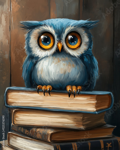 Cartoon owl symbol of wisdom, sitting on book. photo