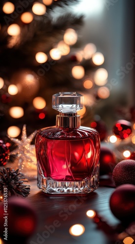 Elegant Red Perfume Bottle with Christmas Decorations and Lights