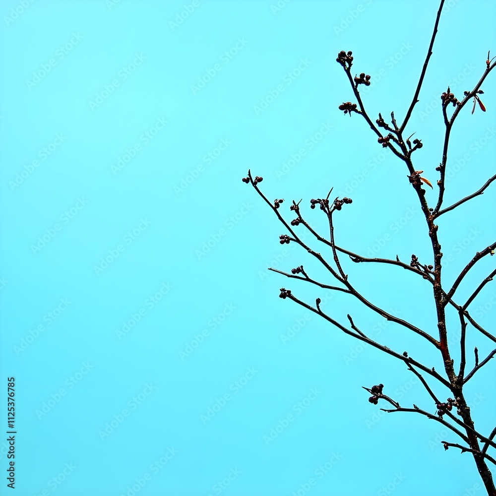 Minimalist Artistic Representation of a Bare Tree Branch Against a Bright Cyan Sky, Capturing Nature's Simple Elegance and Tranquility in a Contemporary Style Minimalist Artistic Representation of a Bare Tree Branch Against a Bright Cyan Sky, Capturing Nature's Simple Elegance and Tranquility in a Contemporary Style