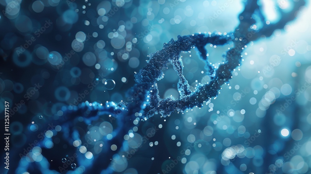 Elegant blue DNA double helix spiral with radiant light bokeh and bubbles, creating a serene blue backdrop Elegant blue DNA double helix spiral with radiant light bokeh and bubbles, creating a serene blue backdrop