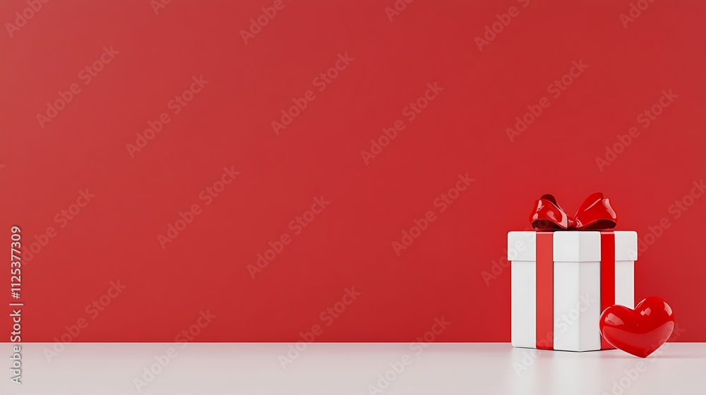 A Beautiful Red Gift Box with a Heart Shaped Decoration on a Vibrant Red Background A Beautiful Red Gift Box with a Heart Shaped Decoration on a Vibrant Red Background