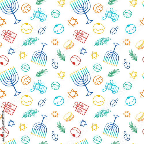 Hanukkah Joyful Colorful Seamless Pattern with Jewish Holiday of Chanuka symbols: candleholder (chanukia), donuts, presents, coins, dreidel, Star of David. Rosemary, olive branch, israeli plants.