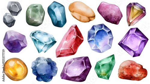 A Vibrant Collection of Hand-Painted Watercolor Gems and Crystals Showcasing Various Shapes and Colors for Art, Design, and Nature Projects photo