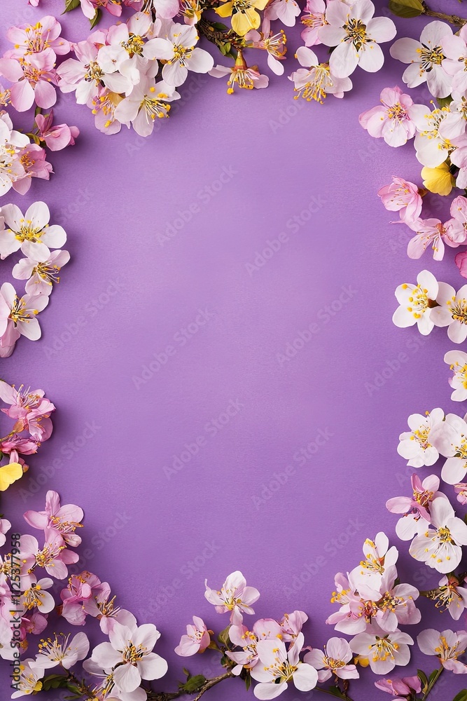 Bright purple background adorned with a floral frame of pastel pink, yellow, and white blossoms. Ideal for springtime greeting card themes. Composition offers ample space for personalized text. Bright purple background adorned with a floral frame of pastel pink, yellow, and white blossoms. Ideal for springtime greeting card themes. Composition offers ample space for personalized text.