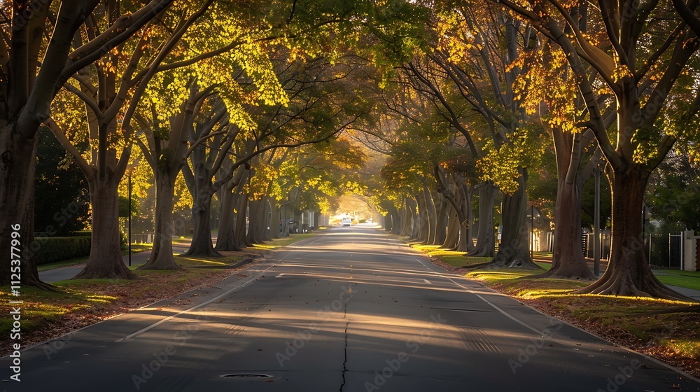 A broad avenue lined with trees, the street empty under the soft light of dawn A broad avenue lined with trees, the street empty under the soft light of dawn
