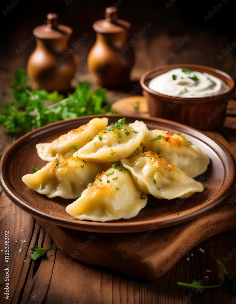 A plate of traditional Polish pierogi stuffed with potato and cheese, served with sour cream on a rustic wooden table A plate of traditional Polish pierogi stuffed with potato and cheese, served with sour cream on a rustic wooden table