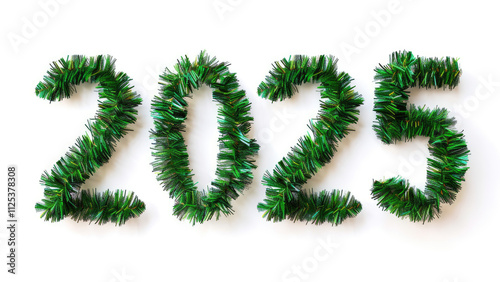 Green festive garlands shaped into the number "2025" with a snowy effect