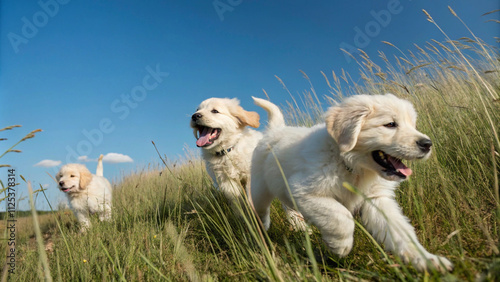 Fototapeta Naklejka Na Ścianę i Meble -  Three Golden Retriever Puppies Running Through a Field on a Sunny Day