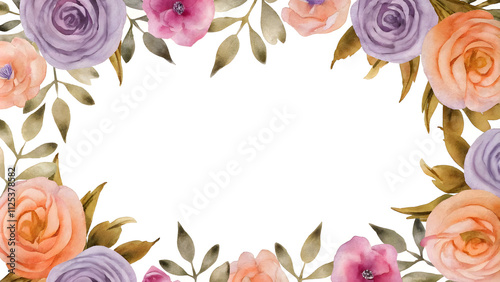 Romantic watercolor floral wreath in shades of rose, lavender, and peach surrounding a white center