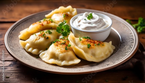 A plate of traditional Polish pierogi stuffed with potato and cheese, served with sour cream on a rustic wooden table