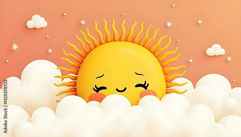 Fototapeta premium Happy Sun Smiling in Clouds 3D Render for Kids