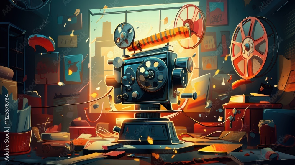Obraz premium Vintage Film Projector in Retro Studio with Cinematic Atmosphere, Reels, and Creative Chaos Illuminated by Warm Light for Movie History and Filmmaking Concepts