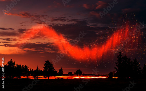 Photo of a bright orange wave of light, scattered and coming from a distant source.