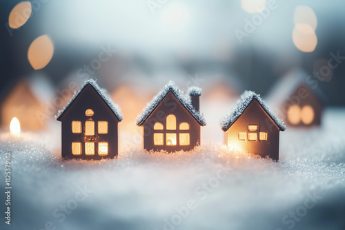 Christmas village, snow-covered houses with garlands and decorations, bright lights against the winter night, joyful mood and festive atmosphere