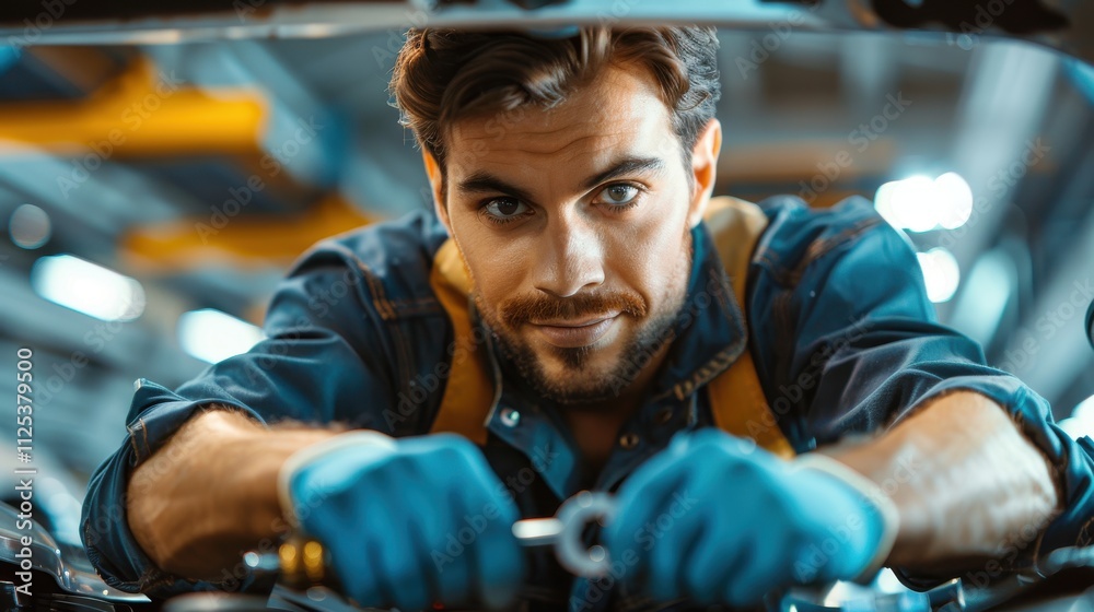 Portrait of a mechanic in a modern car service, using a ratchet under a car, focusing intently, wearing gloves Portrait of a mechanic in a modern car service, using a ratchet under a car, focusing intently, wearing gloves