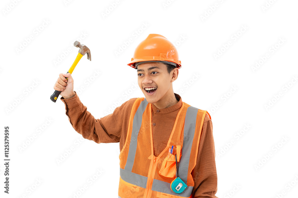 Young Indonesian male construction worker in full safety gear looking angry about to hit using hammer, construction and industry work concept, isolated on white background. Young Indonesian male construction worker in full safety gear looking angry about to hit using hammer, construction and industry work concept, isolated on white background.