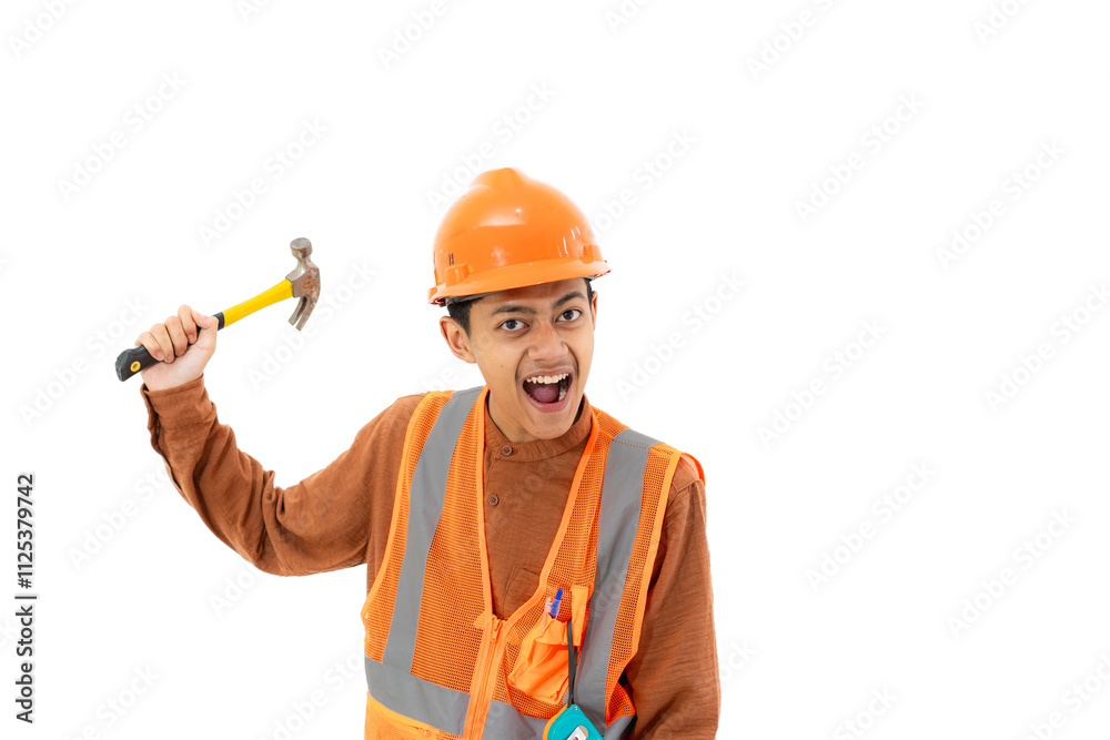 Young Indonesian male construction worker in full safety gear looking angry about to hit using hammer, construction and industry work concept, isolated on white background. Young Indonesian male construction worker in full safety gear looking angry about to hit using hammer, construction and industry work concept, isolated on white background.