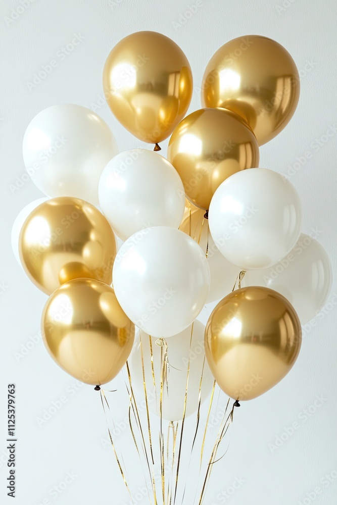 Gold and white balloons create an upscale party atmosphere on a bright, luxurious background. Design suitable for opening cards, party banners, or luxury-themed greetings. Gold and white balloons create an upscale party atmosphere on a bright, luxurious background. Design suitable for opening cards, party banners, or luxury-themed greetings.