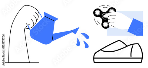 Hand watering with watering can, another playing with a fidget spinner, and a shoe. Ideal for productivity, hobbies, growth, balance, daily life, relaxation, self-care themes. Line metaphor